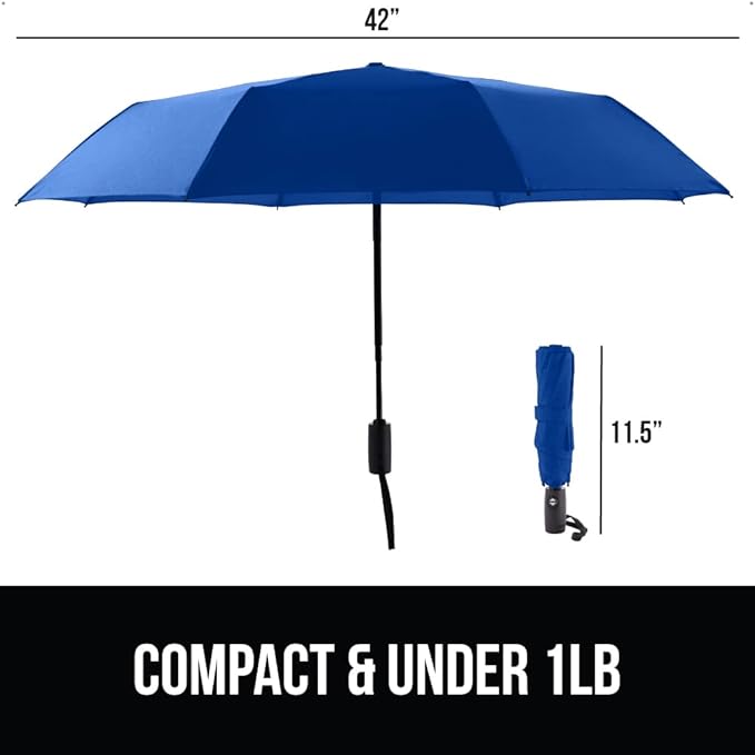 GORILLA GRIP Strong Windproof Stick Compact Umbrella for Rain, One-Click Automatic Open and Close, Durable Quick Dry Waterproof Material, Lightweight and Portable, Travel Size Fits Backpack, Navy