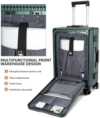 feilario Aluminium Frame PC Hard Shell Spinner Wheels Luggage,20.8"X15"X8.7 Airline Approved Built-In TSA lock Carry on Suitcase, with Cup Holder, USB Port, Phone Holder