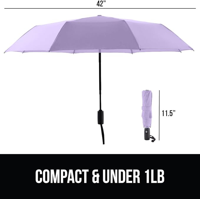 GORILLA GRIP Strong Windproof Stick Compact Umbrella for Rain, One-Click Automatic Open and Close, Durable Quick Dry Waterproof Material, Lightweight and Portable, Travel Size Fits Backpack, Purple