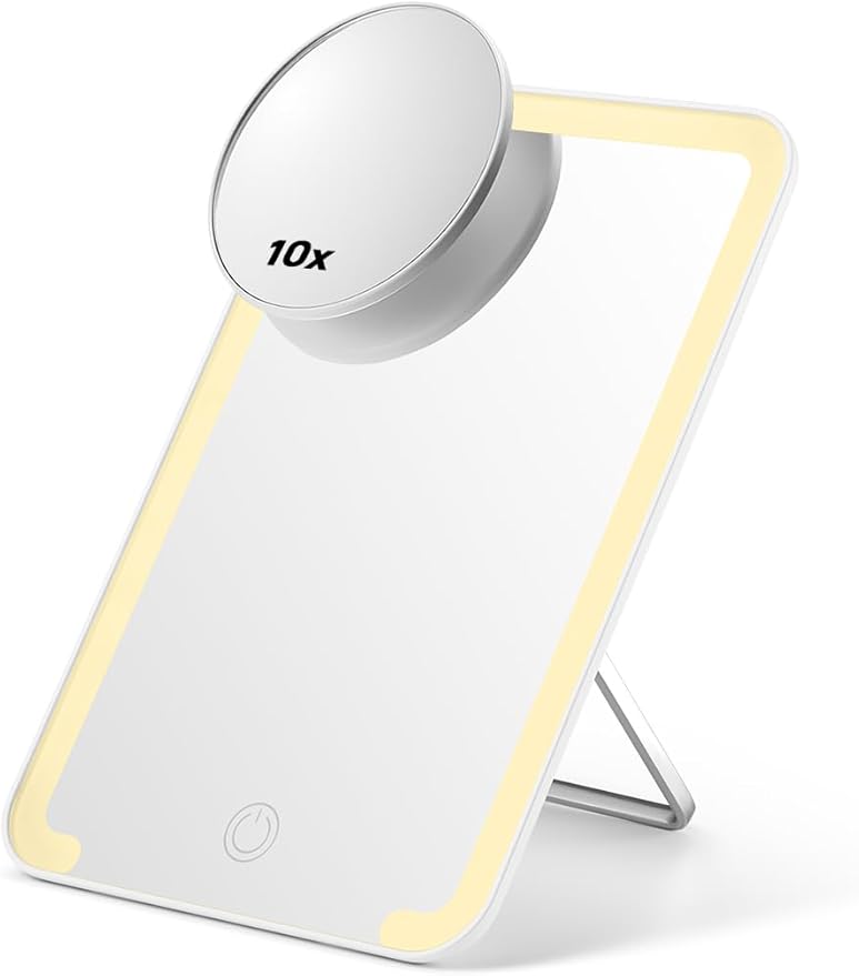 OMIRO Lighted Makeup Mirror with 10X Magnifying Mirror, 8 x 5 inches Desk Mirror with Adjustable Stand and 3 Lighting Modes for Shaving and Travelling, White
