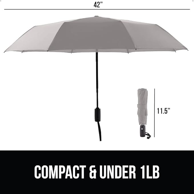 GORILLA GRIP Strong Windproof Stick Compact Umbrella for Rain, One-Click Automatic Open and Close, Durable Quick Dry Waterproof Material, Lightweight and Portable, Travel Size Fits Backpack, Gray