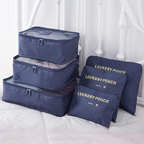 6 Set Packing Cubes for Travel Luggage Packing Bags Reusable Waterproof Suitcase Organizer Bags Set with Shoe Bag and Toiletry Bag (Navy Blue)