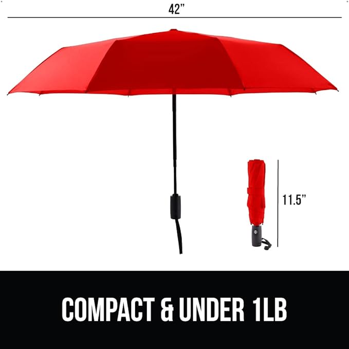 GORILLA GRIP Strong Windproof Stick Compact Umbrella for Rain, One-Click Automatic Open and Close, Durable Quick Dry Waterproof Material, Lightweight and Portable, Travel Size Fits Backpack, Red