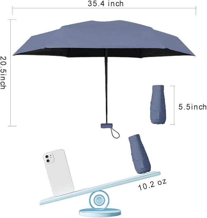 ESUFEIR Mini Sun Umbrella for Purse With Case, Small Compact UV Umbrella Travel Essentials, Lightweight Portable Parasol Windproof for Women Men Kids (Haze blue)