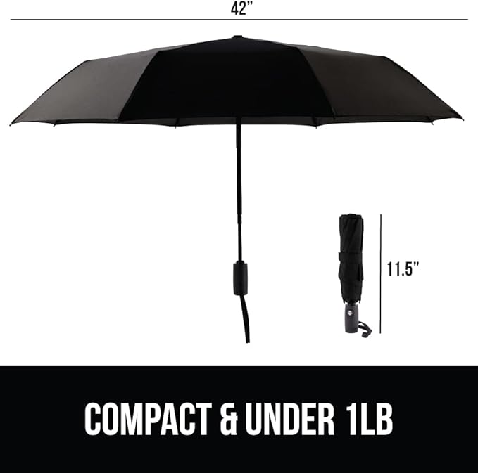 GORILLA GRIP Strong Windproof Stick Compact Umbrella for Rain, 2 PK, One-Click Automatic Open Close, Durable Quick Dry Waterproof Material, Lightweight, Portable, Travel Size Fits Backpack, Black