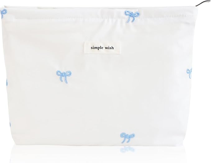 Wudygirl Cute Makeup Bag for Women - Travel Cosmetic Bag with Zipper Makeup Pouch Floral Make up Organizer Handbag Aesthetic (Blue Bow)