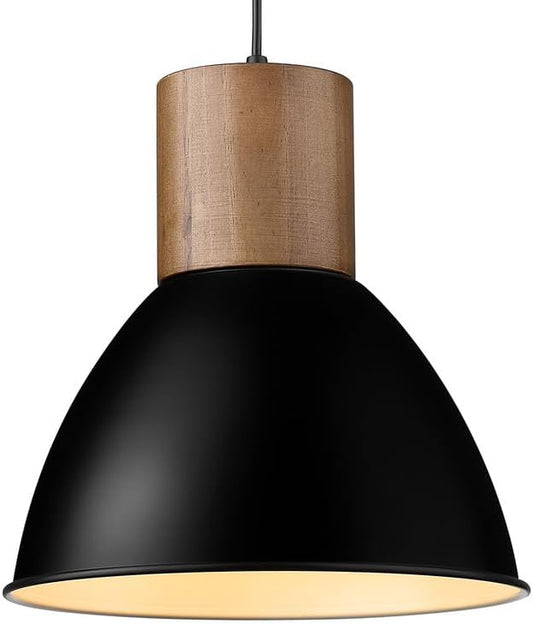 ELYONA Solid Wood Metal Pendant Light Fixtures, Industrial Hanging Lamp, Adjustable Length, 11.6" Modern Farmhouse Bar Pendant Lighting for Kitchen Island,Dining Room,Living Room, Black & Brown