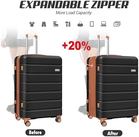 SmileLine 3-Piece Luggage Set Lightweight Hardside Suitcase TSA Lock Spinner Wheels, 20" Expandable Carry-On Luggage with Quick Access Front Open Pocket, Bonus Makeup Bag,Apricot Black