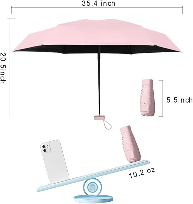 ESUFEIR Mini Sun Umbrella for Purse With Case, Small Compact UV Umbrella Travel Essentials, Lightweight Portable Parasol Windproof for Women Men Kids (Pink)