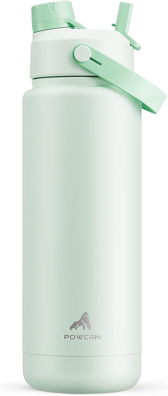 POWCAN 32 oz Insulated Water Bottle with 2-in-1 Straw and Spout Lid, Keep Cold 24H, Leak-Proof, BPA-Free, Double Wall Stainless Steel Water Bottle for Sports, Gym, Travel, and School (Mint)