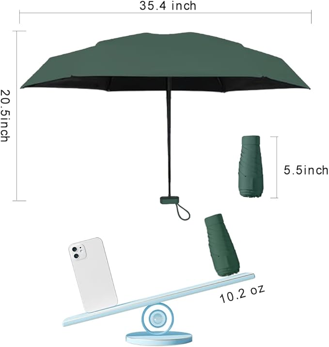 ESUFEIR Mini Sun Umbrella for Purse With Case, Small Compact UV Umbrella Travel Essentials, Lightweight Portable Parasol Windproof for Women Men Kids (Dark green)