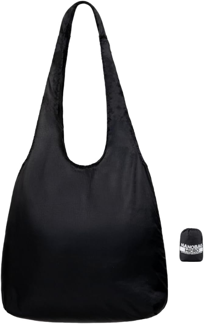 Nanobag Ultralight Foldable Tote for Women & Men, Reusable Grocery & Travel Bag, Packable Collapsible Compact Market Essential (Micro Black)