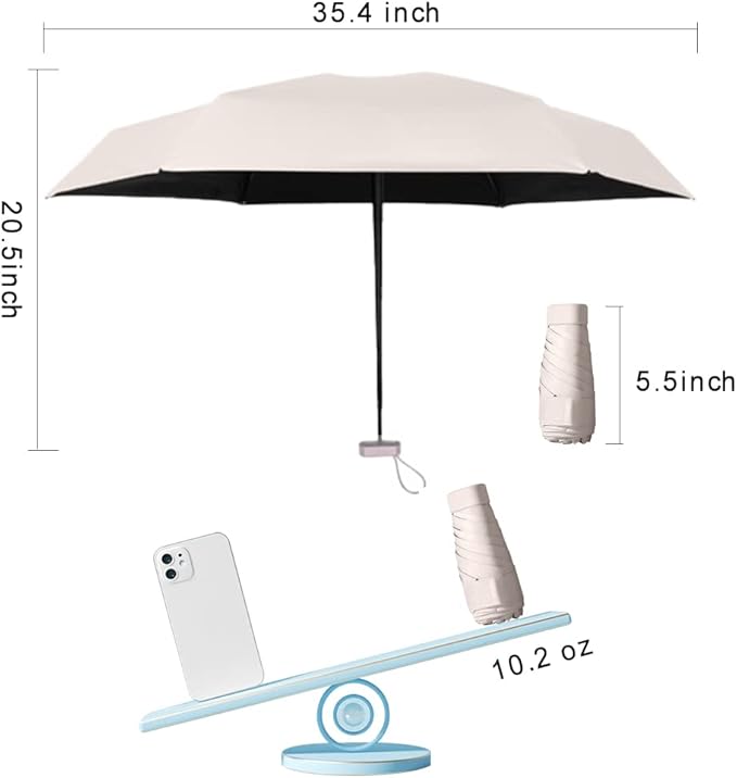 ESUFEIR Mini Sun Umbrella for Purse With Case, Small Compact UV Umbrella Travel Essentials, Lightweight Portable Parasol Windproof for Women Men Kids (Beige)