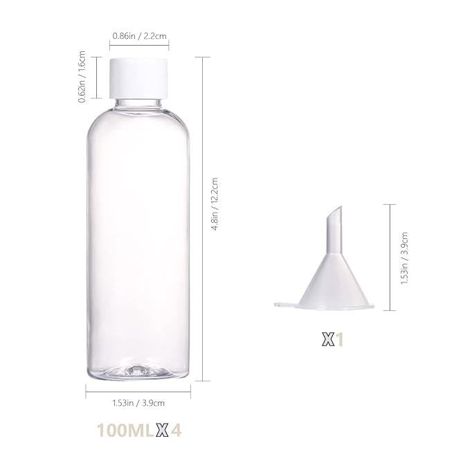 4pcs Travel Bottles,100ml Refillable Clear Empty Plastic Travel Size Containers Bottles with Screw Lids for Toiletries,Soap,Shampoo and Conditioner