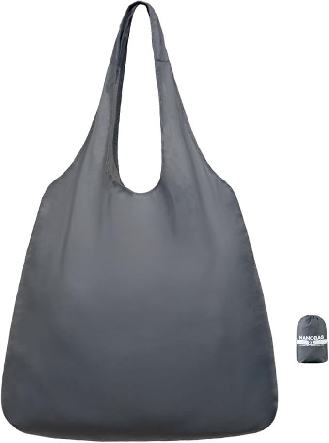 Nanobag Ultralight Heavy Duty Foldable Tote for Women & Men, Reusable Grocery & Travel Bag, Packable Collapsible Compact Market Essential (XL Gray)