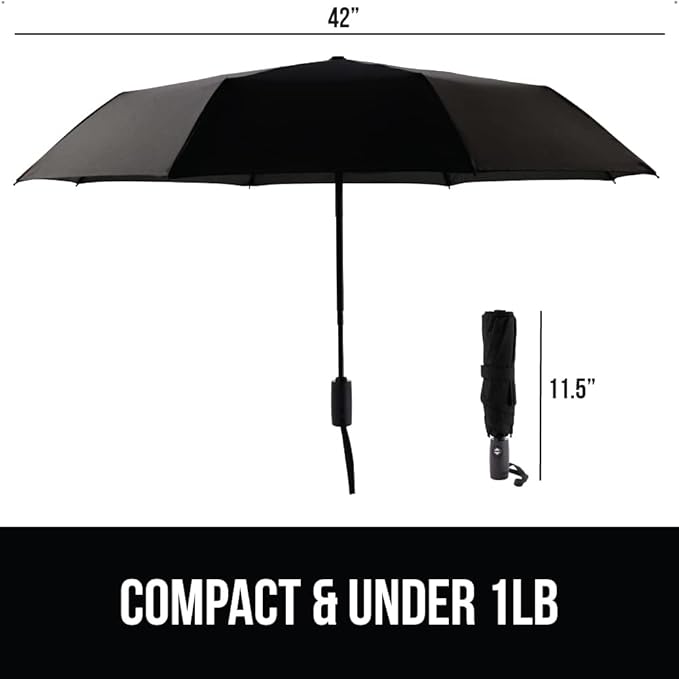 GORILLA GRIP Strong Windproof Stick Compact Umbrella for Rain, One-Click Automatic Open and Close, Durable Quick Dry Waterproof Material, Lightweight and Portable, Travel Size Fits Backpack, Black