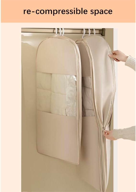 Space Saving Hanging Garment Bag with Self Compression Zipper - Organizer for Closet(Beige,L)