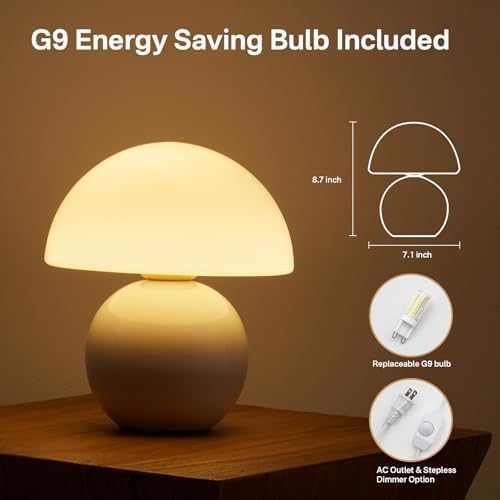 Mushroom Lamp Table Lamp for Bedroom,Desk Bedside Small Lamps for Living Room Night Stands,Mushroom Decor Cute Mini Modern Mid Century Lamps,Unique Aesthetic Home Living Room Decor(White)