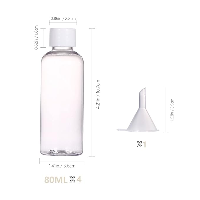 4pcs Travel Bottles,80ml Refillable Clear Empty Plastic Travel Size Containers Bottles with Screw Lids for Toiletries,Soap,Shampoo and Conditioner