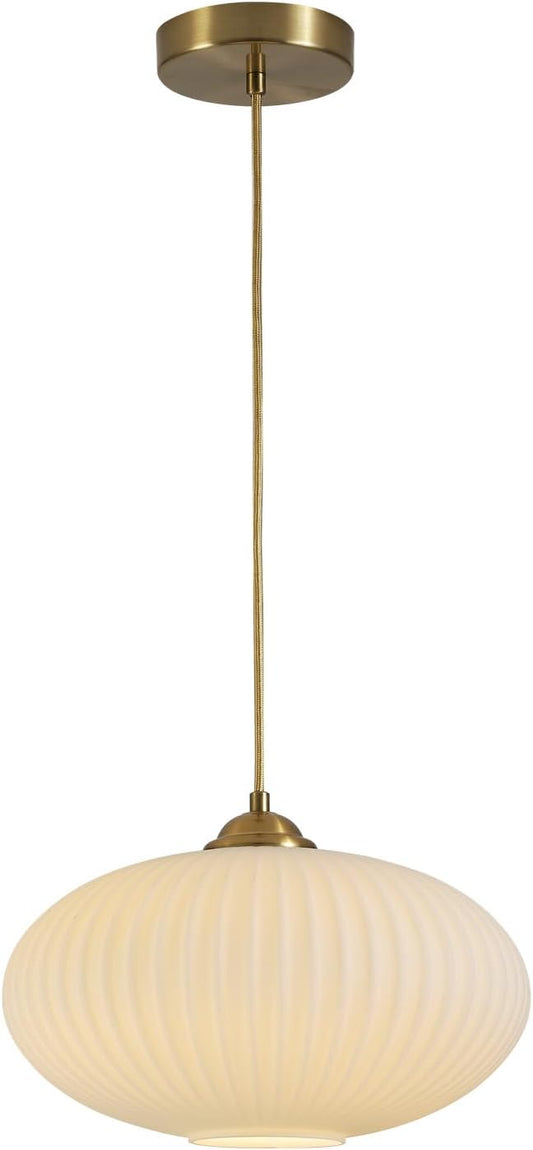 KCO Lighting Modern Gold Brass 9.8" White Milk Ribbed Glass Pendant Light | E26 Hardwired Adjustable Cord Ceiling Light for Sloped Ceiling Mid Century Hanging Lamp for Kitchen Island Dining Room