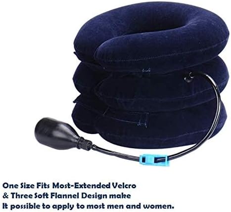 Upgraded Version Premium Flannel Inflatable Cervical Neck Traction Air Inflatable Pillow Neck Head Stretcher Pain Relief Collar (for Adults, Dark Blue)