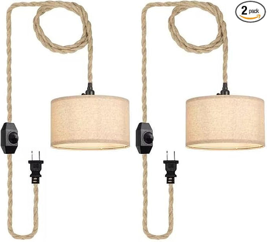 2 Packs Plug in Pendant Lights Fabric Hanging Lamp Kit with Dimmable Switch 15 Ft Long Hemp Rope Farmhouse Pndant Light Cord Lighting Fixture DIY Hanging Light