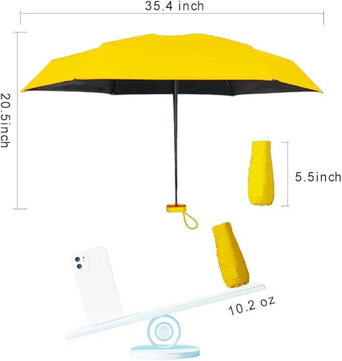 ESUFEIR Mini Sun Umbrella for Purse With Case, Small Compact UV Umbrella Travel Essentials, Lightweight Portable Parasol Windproof for Women Men Kids (Yellow)