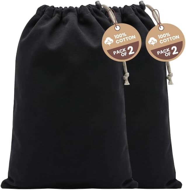 LFH Cotton Rich Shoe Storage Bags with Drawstring, Dustproof Breathable Reusable Organizer, Perfect For Travel, Dorm, Hotel, College, Gym, Machine Washable 8"x17" (Pack of 2) - Black sand