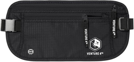 VENTURE 4TH Money Belt for Travel – Hidden Under-Clothes RFID Blocking Passport Holder & Slim Travel Wallet Pouch for Men & Women to Protect Cash, Cards & Documents (Pure Black)