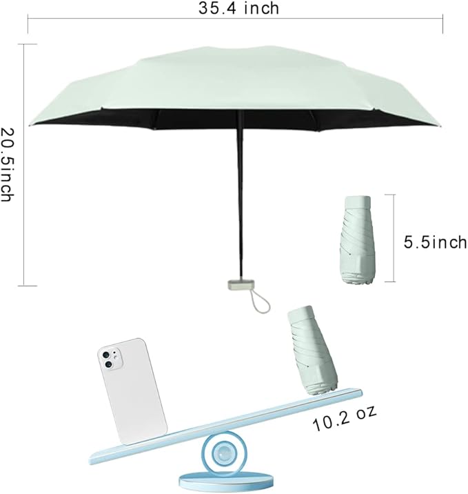 ESUFEIR Mini Sun Umbrella for Purse With Case, Small Compact UV Umbrella Travel Essentials, Lightweight Portable Parasol Windproof for Women Men Kids (Green)