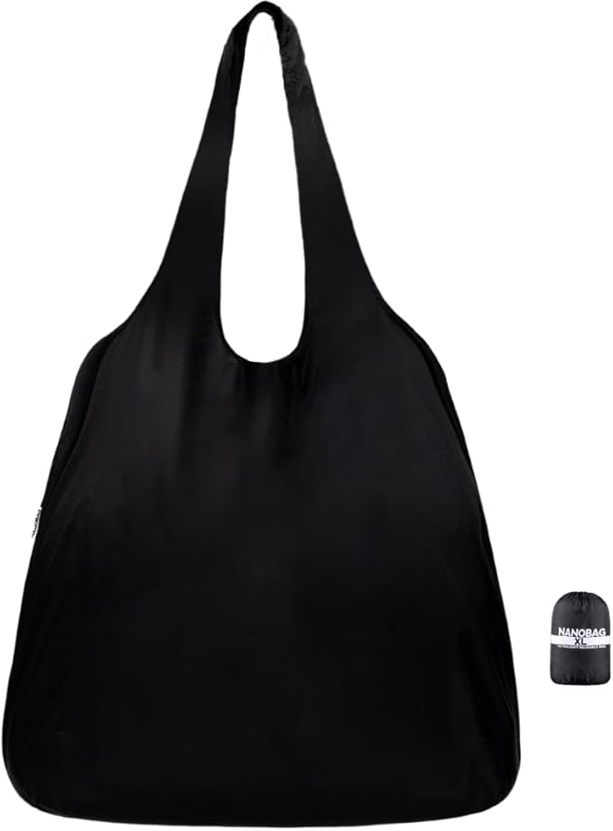 Nanobag Ultralight Heavy Duty Foldable Tote for Women & Men, Reusable Grocery & Travel Bag, Packable Collapsible Compact Market Essential (XL Black)