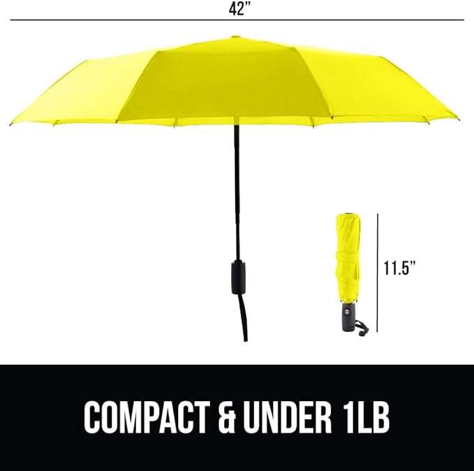 GORILLA GRIP Strong Windproof Stick Compact Umbrella for Rain, One-Click Automatic Open and Close, Durable Quick Dry Waterproof Material, Lightweight and Portable, Travel Size Fits Backpack, Yellow