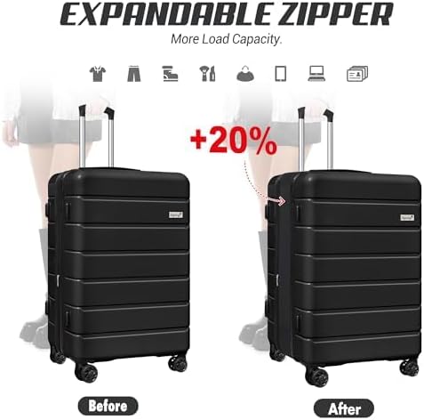 SmileLine 3-Piece Luggage Set Lightweight Hardside Suitcase TSA Lock Spinner Wheels, 20" Expandable Carry-On Luggage with Quick Access Front Open Pocket, Bonus Makeup Bag,Black