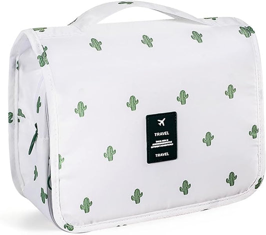 Pengxiaomei Hanging Toiletry Bag, Cactus White Waterproof Cosmetic Bag Portable Makeup Pouch Travel Wash Bag with Handle for Kids Teen Girls Tea Party Mothers Day Gifts