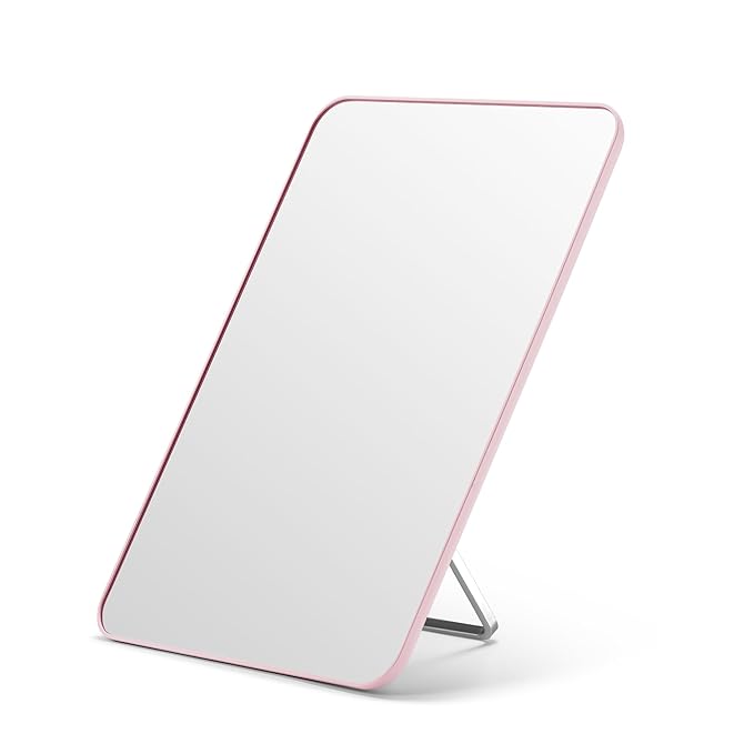 OMIRO Makeup Mirror for Desk, 10 x 7 inches Table Mirror with Adjustable Stand and Hanging Hole for Shaving and Travelling, Pink