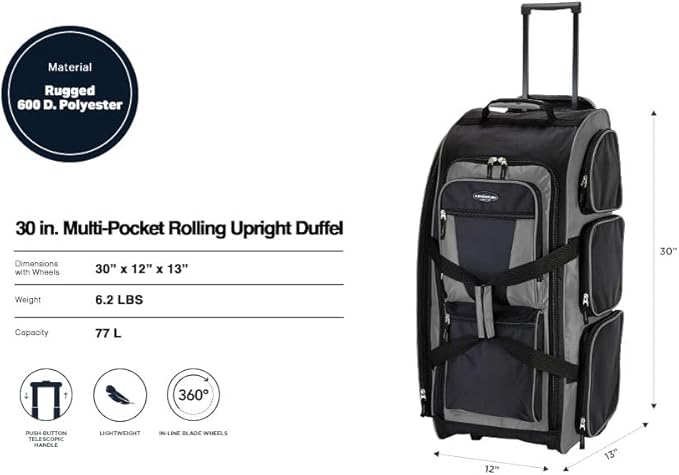 Travelers Club Xpedition 30 Inch Multi-Pocket Upright Rolling Duffel Bag