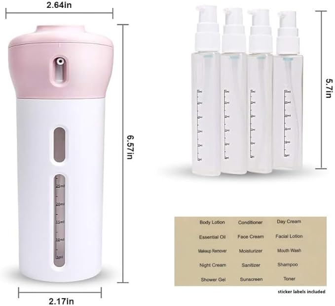 Travigo 4-in-1 Travel Dispenser Bottle, TSA Approved, Leak Proof, Four Reusable 1.4 oz. (40 mL) Toiletry Containers for Shampoo, Conditioner, Soap, Lotion, Skincare (Pink)