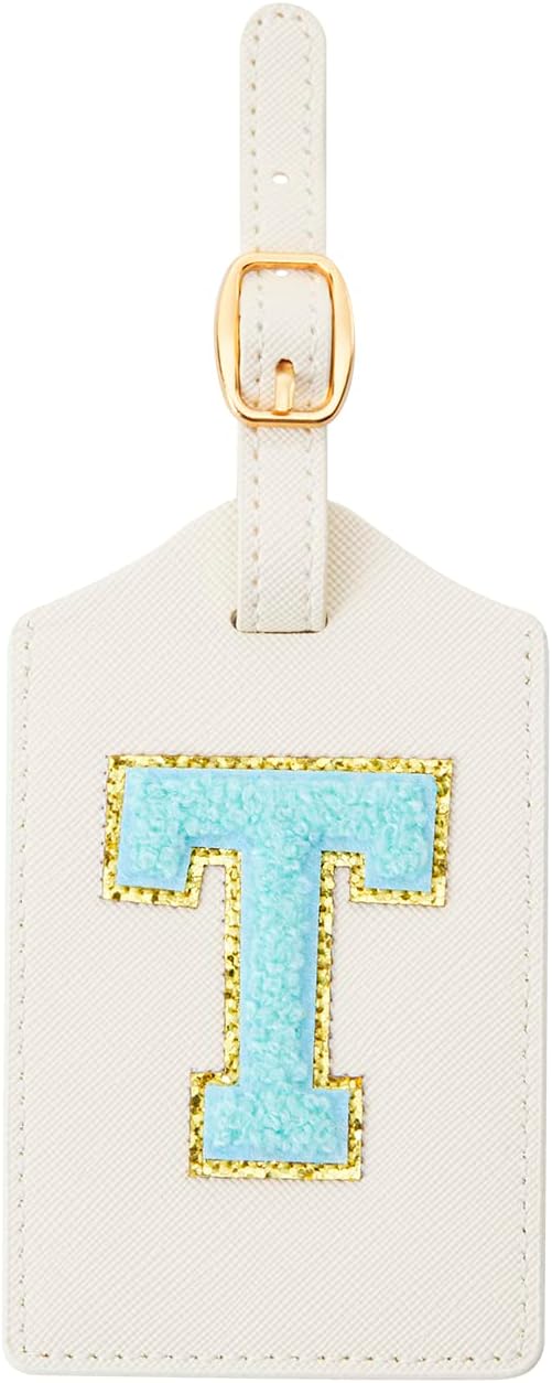 Initial PU Leather Embroidered Monogrammed Letter Luggage Tag for Baggage Bag Suitcase (T, White+Blue)