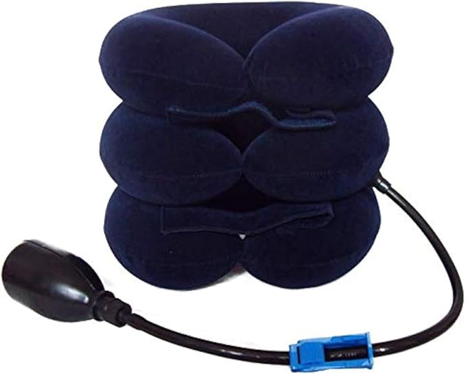 Upgraded Version Premium Flannel Inflatable Cervical Neck Traction Air Inflatable Pillow Neck Head Stretcher Pain Relief Collar (for Adults, Dark Blue)