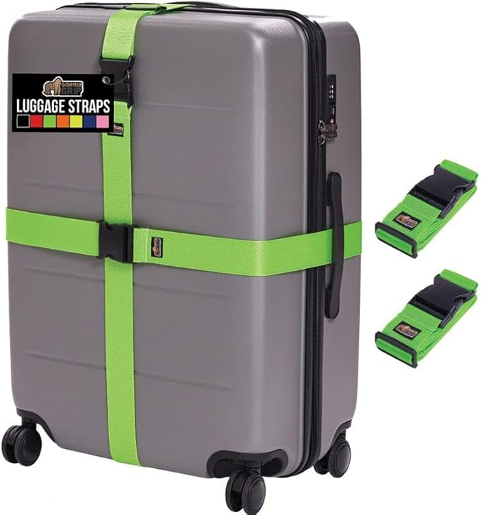 GORILLA GRIP Heavy Duty Adjustable Luggage Straps for Suitcases, Easy to Identify Travel Belt Connector Holds Suitcase Together, Extends Life of Bag, Strap Connects Two Bags, Accessories 2 Pack Green