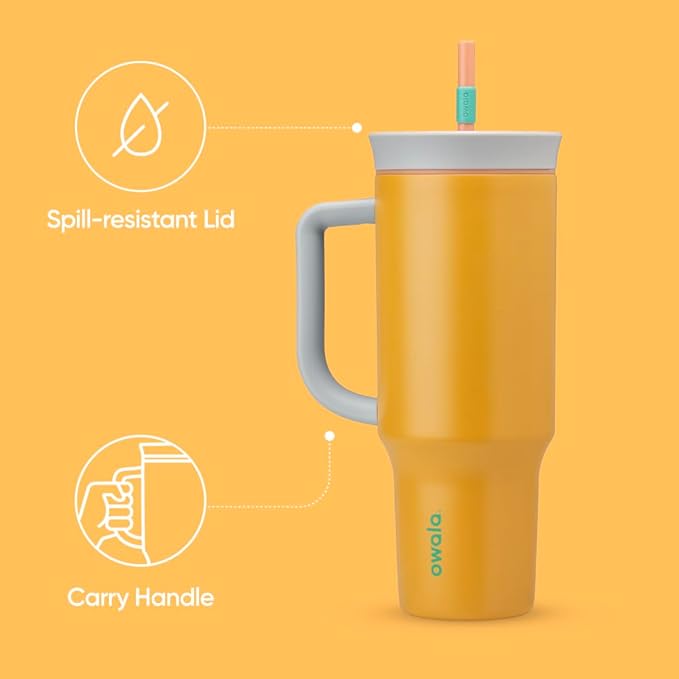 Owala Stainless Steel Triple Layer Insulated Travel Tumbler with Spill Resistant Lid, Straw, and Carry Handle, BPA Free, 40 oz, Orange (Tropical) (Pack of 6)