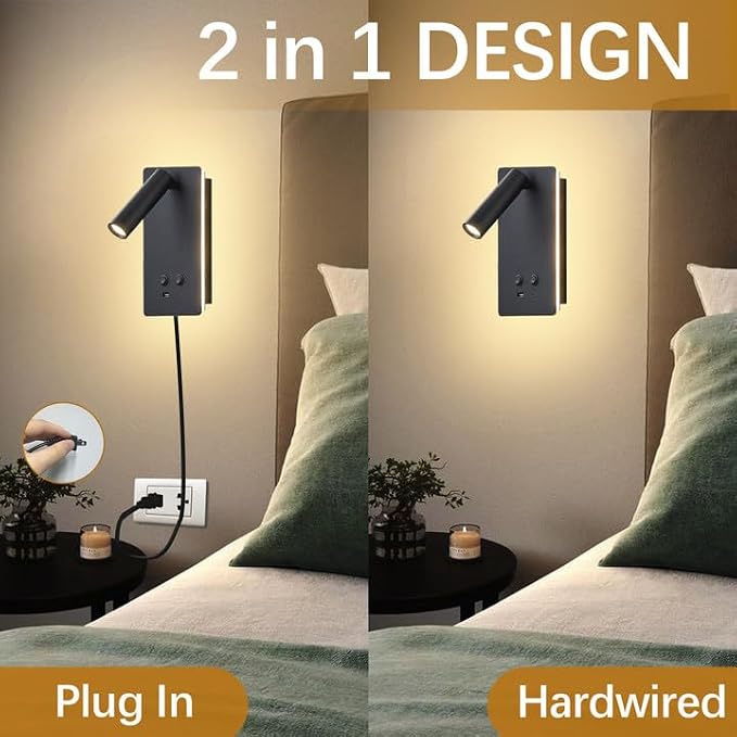 MOLUOLA LED Wall Lamp Wall Mounted Reading Lights, Adjustable Headboard Plug in Wall Sconce with USB C+A Ports, Headboard Bedside Lamp with 9W+3W Night Light 3000K (Black)