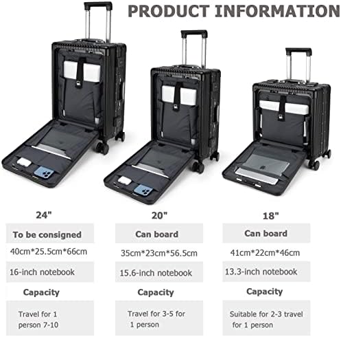 feilario Aluminium Frame PC Hard Shell Spinner Wheels Luggage,20.8"X15"X8.7 Airline Approved Built-In TSA lock Carry on Suitcase, with Cup Holder, USB Port, Phone Holder