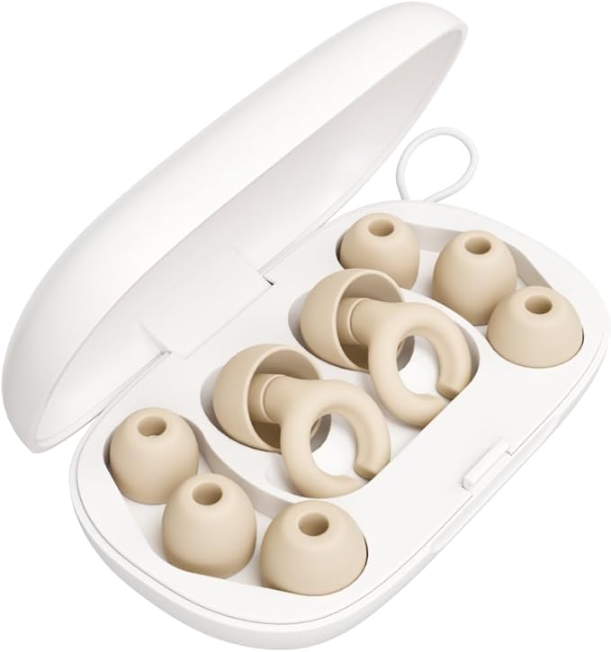 Hush Hoops Ear Plugs, Ultra-Soft Reusable Noise Reducing Earplugs with Horseshoe Shape for Comfort, 4 Tip Sizes for Customizable Fit, 17dB (NRR) Noise Reduction Rating, Cream, 1 Pair with Travel Case