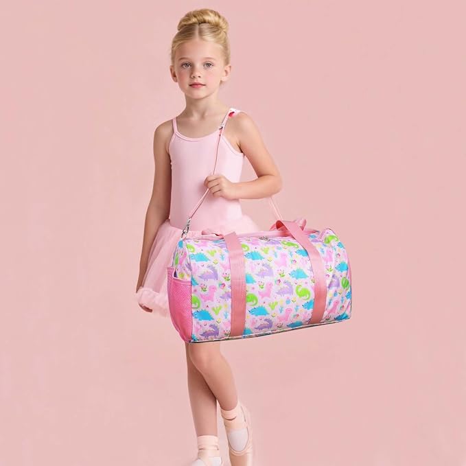 Gym Travel Duffle Bag for Girls - Gymnastics Sports Dance Bag with Shoe Compartment & Wet Pocket Dinosaur Kids Travel Bag Teens Weekender Sleepover Carry On Bag