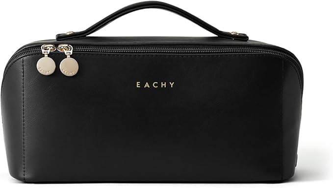 EACHY Travel Makeup Bag, Large Capacity Cosmetic Bag for Women, Waterproof PU Leather, Flat Open Portable Toiletry Bag for Skincare, Brushes & Travel Essentials