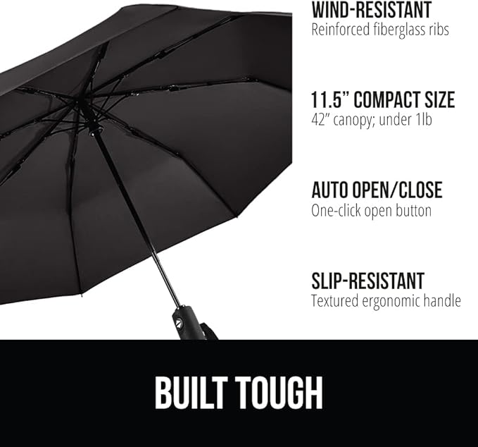 GORILLA GRIP Strong Windproof Stick Compact Umbrella for Rain, 2 PK, One-Click Automatic Open Close, Durable Quick Dry Waterproof Material, Lightweight, Travel Size Fits Backpack, Black Hunter Green