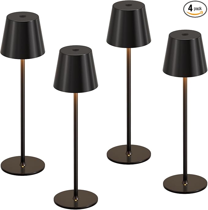 Kakanuo Cordless Table Lamp Rechargeable Black - KK 4 Pack Battery Operated Lamp for Dining Table, 3 Color Stepless Dimming Wireless Lamp for Counter, Outdoor Patio, Touch Control