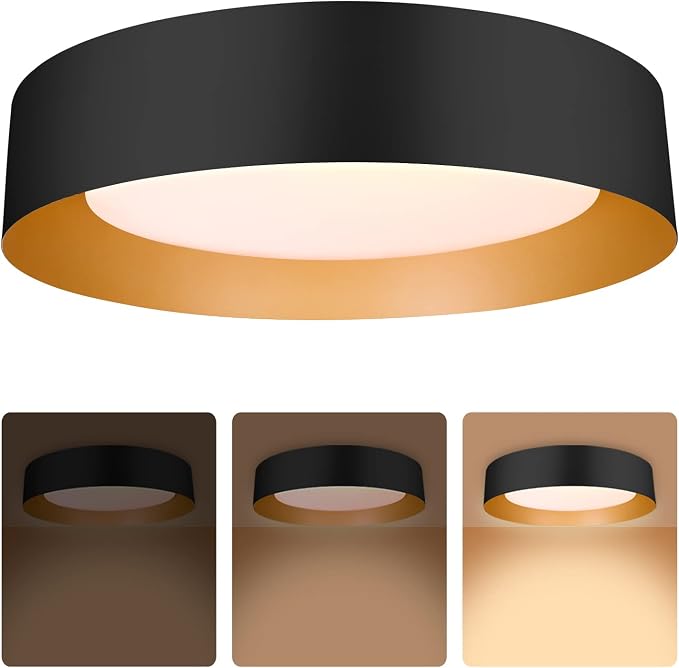 Bargeni 16.5-Inch Flush Mount Ceiling Light,Matte Black with Gold Interior | 30W LED dimmable ceiling light with warm 3000K lighting for bedroom, hallway and foyer spaces