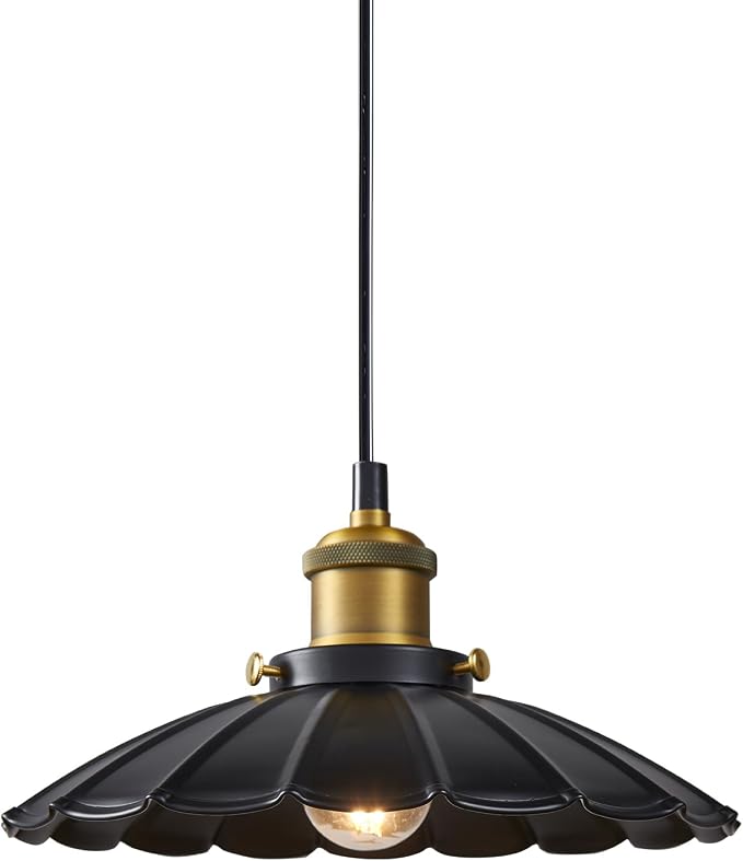 Black Pendant Light, 9.8 Inch Retro Hanging Lamp for Bedroom, Glossy Hanging Kitchen Lights Living Room 6.5Ft Height Adjustable Indoor Pleated Pendant Light